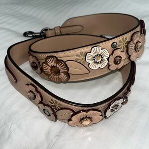 Coach Floral Embellished Tan Leather Bag Strap